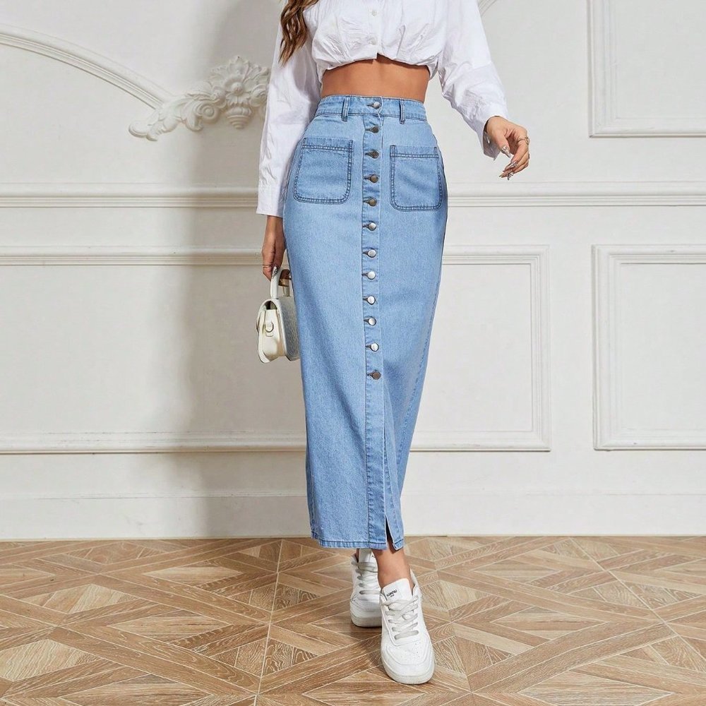 Blue Casual Womens Button Front Denim Skirt - Picture 5 of 6
